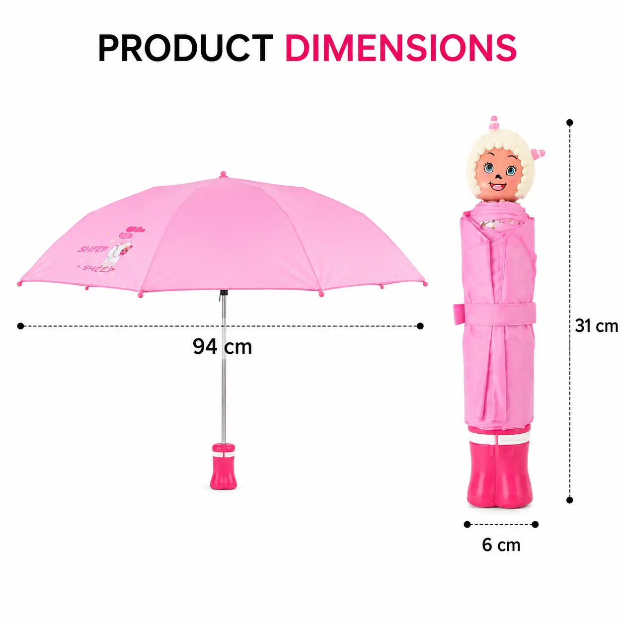 Kids Cartoon Foldable Umbrella Dimensions Showing 94 cm Open Canopy, 31 cm Folded Length and 6 cm Width