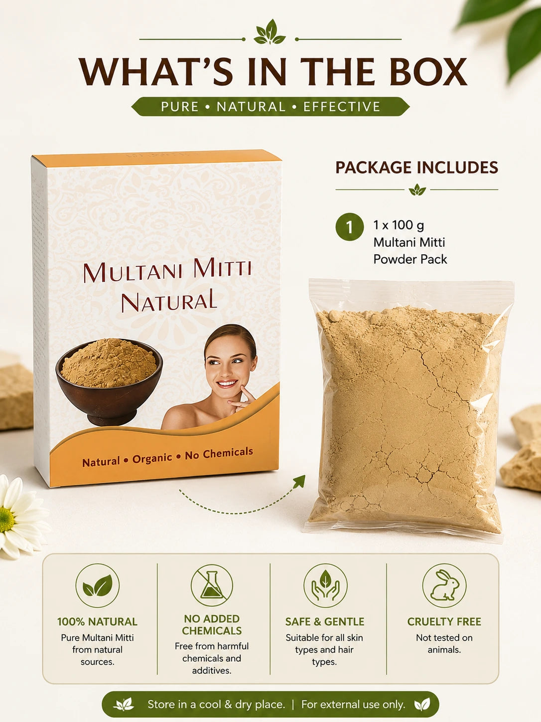 100g Herbal Multani Mitti Face Pack for Glowing Skin & Oily Skin | Natural Clay Face Pack | GUFUMART