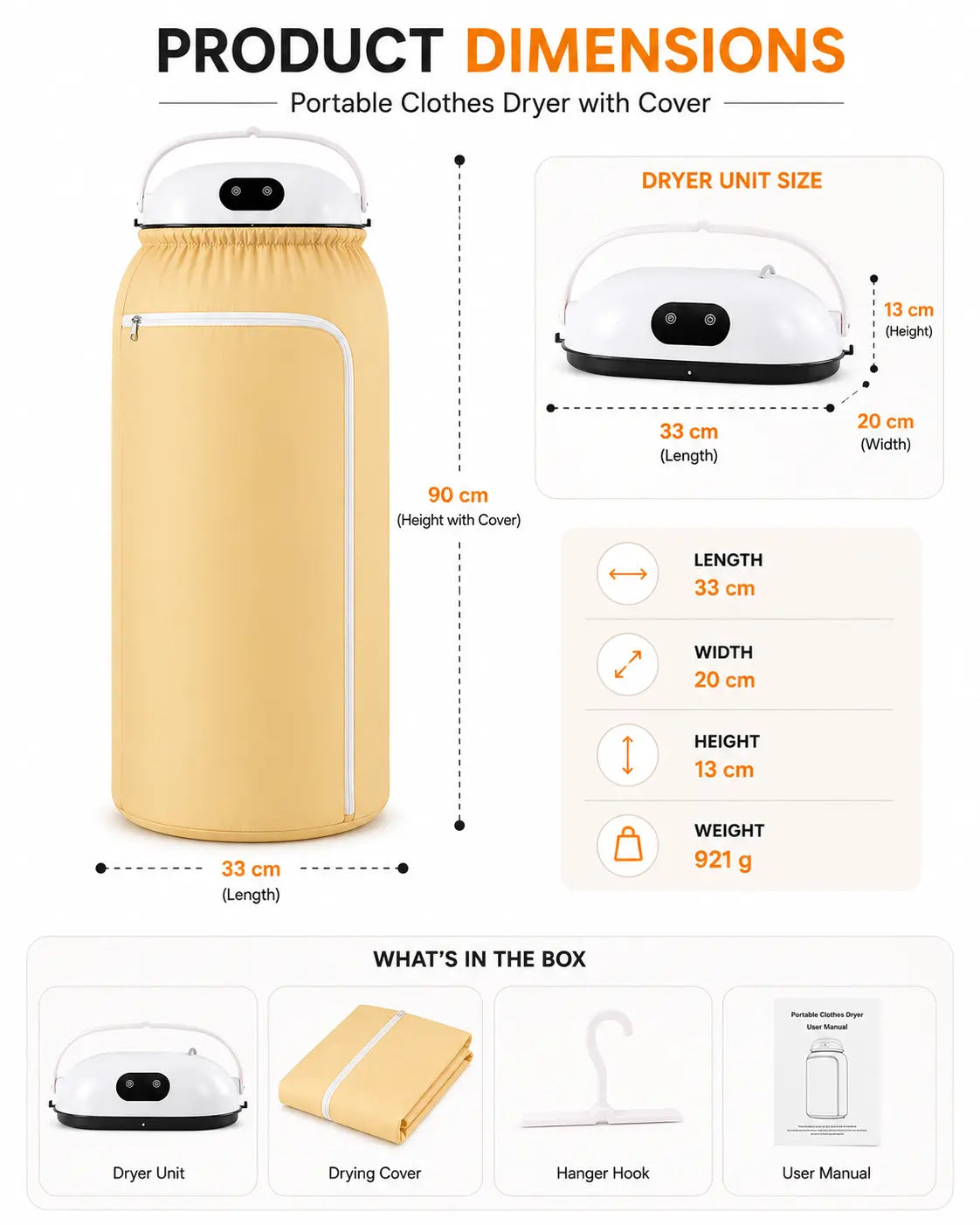 Portable Clothes Dryer Dimensions 33 × 20 × 13 cm with Foldable Drying Cover