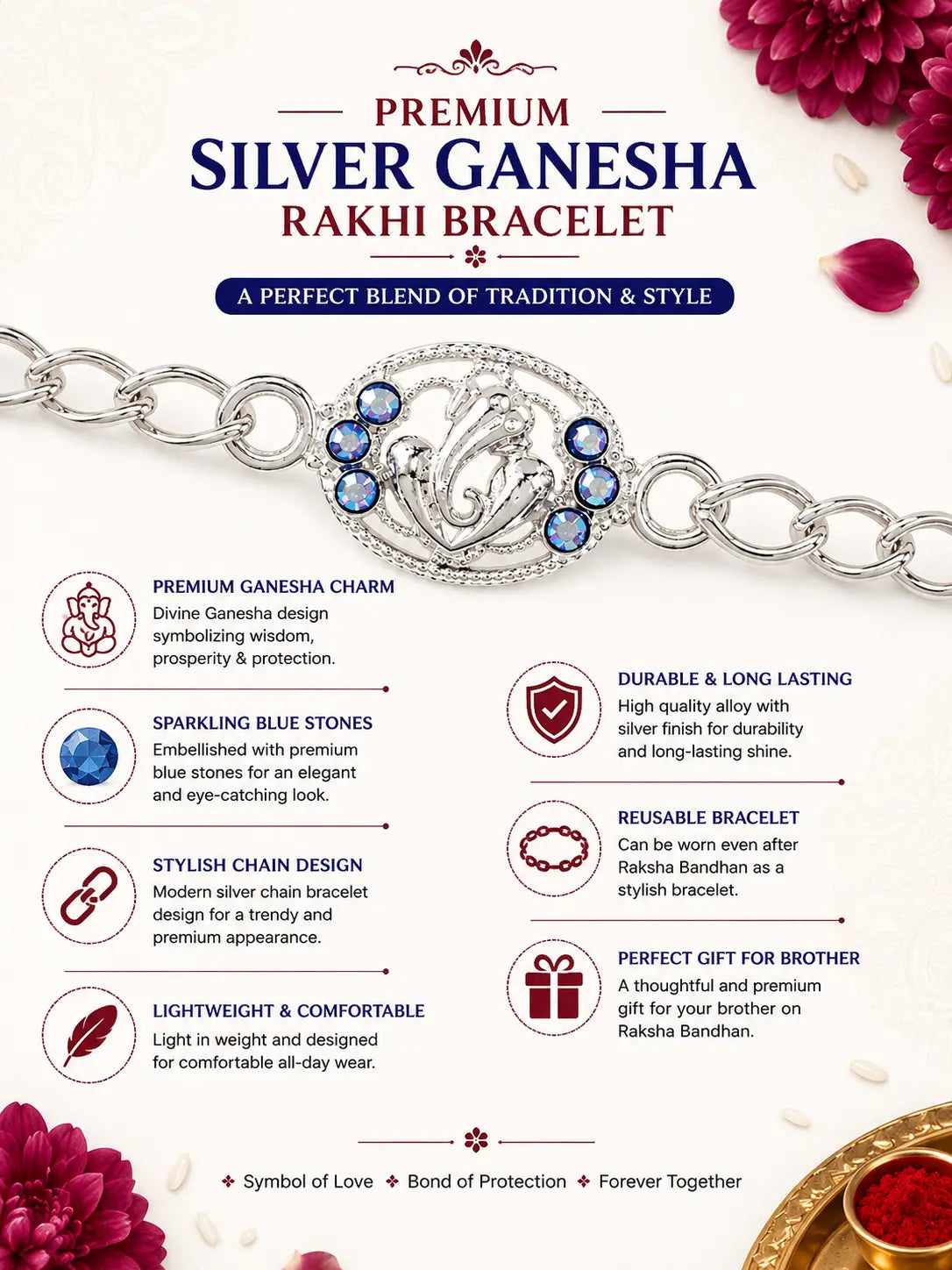 Premium Silver Ganesha Rakhi Bracelet for Brother | Blue Stone Chain Rakhi (1 Pc)