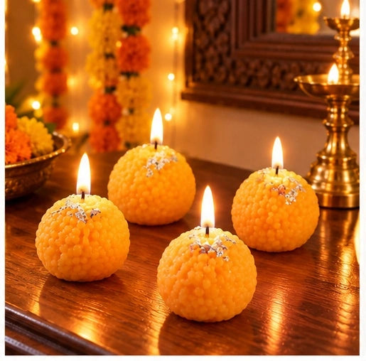Motichoor Laddu Design Decorative Wax Candles – Set of 4