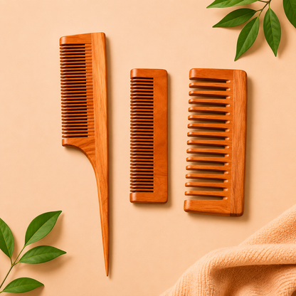 Natural Wooden Comb Set for Hair Care | Pocket Comb + Handle Comb + Wide Tooth Comb