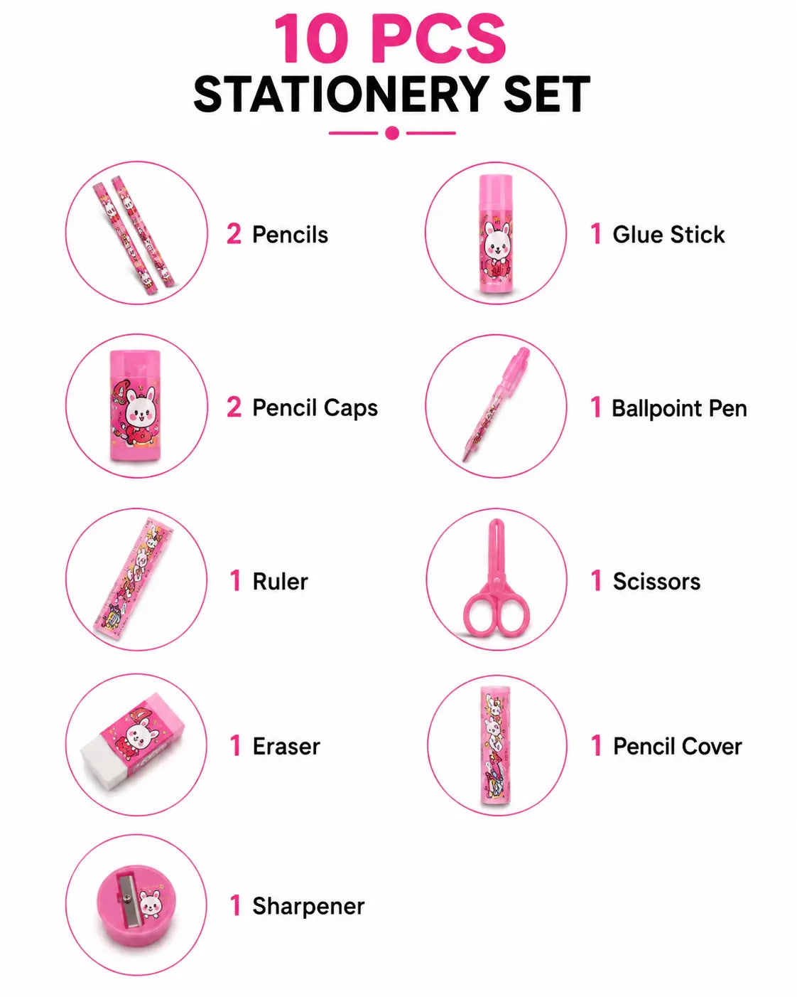 10 PCS Stationery Set for Kids with Pencils, Glue Stick, Scissors, Ruler and Eraser