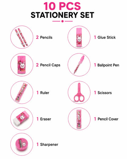 10 PCS Stationery Set for Kids with Pencils, Glue Stick, Scissors, Ruler and Eraser