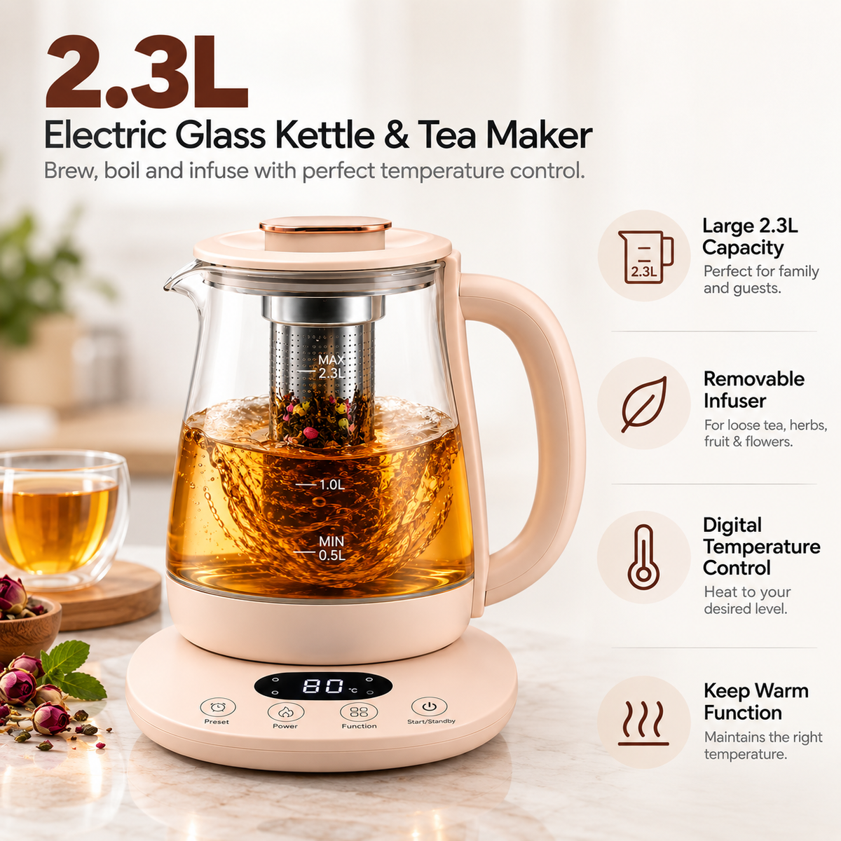 Suta Electric Glass Kettle 2.3L with Tea Infuser & Temperature Control