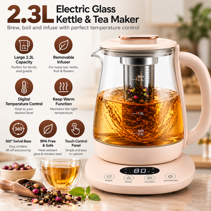 Suta Electric Glass Kettle 2.3L with Tea Infuser & Temperature Control