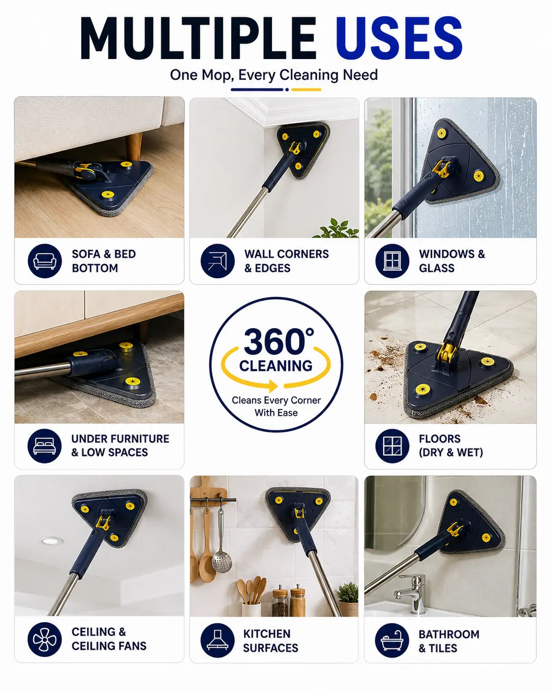 360° Triangle Cleaning Mop suitable for cleaning floors, windows, walls, ceilings, glass, bathrooms, kitchens, corners, and under furniture.