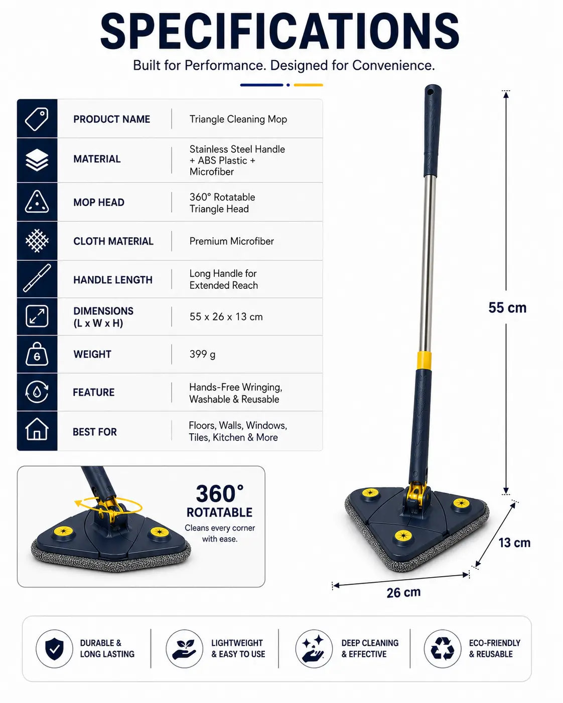 Specifications of the 360° Rotating Triangle Cleaning Mop including stainless steel handle, premium microfiber cloth, 360° rotating head, dimensions, and product weight.