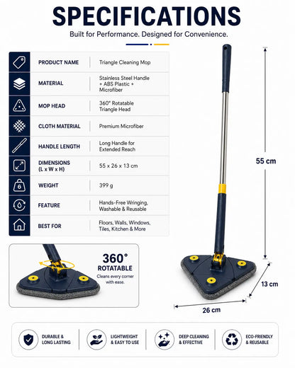 Specifications of the 360° Rotating Triangle Cleaning Mop including stainless steel handle, premium microfiber cloth, 360° rotating head, dimensions, and product weight.
