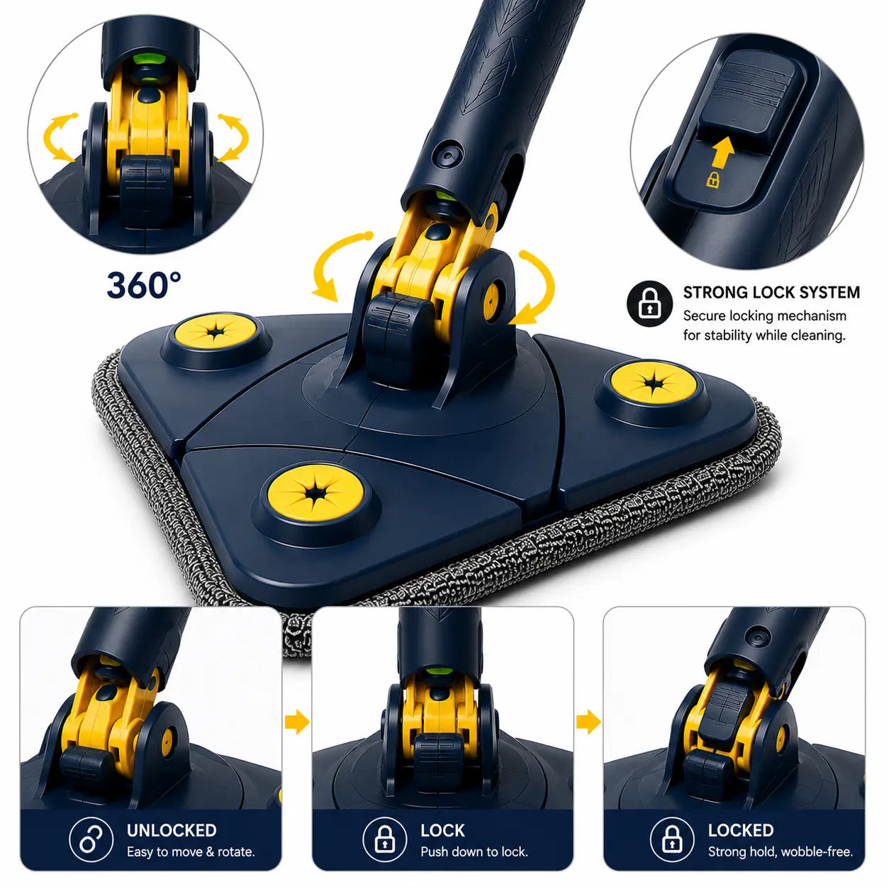 Close-up of the 360° rotating strong lock joint on the Triangle Cleaning Mop, showing the durable swivel mechanism for smooth movement and secure locking while cleaning.