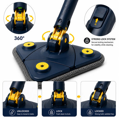Close-up of the 360° rotating strong lock joint on the Triangle Cleaning Mop, showing the durable swivel mechanism for smooth movement and secure locking while cleaning.