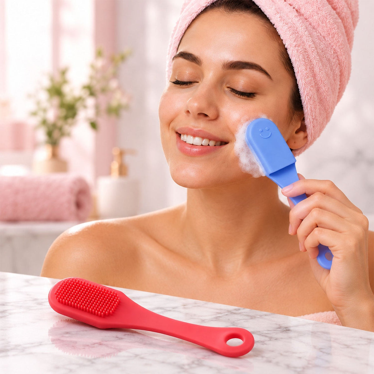 Silicone Face Cleansing Brush With Handle Soft Facial Scrubber Set (2 Pc)