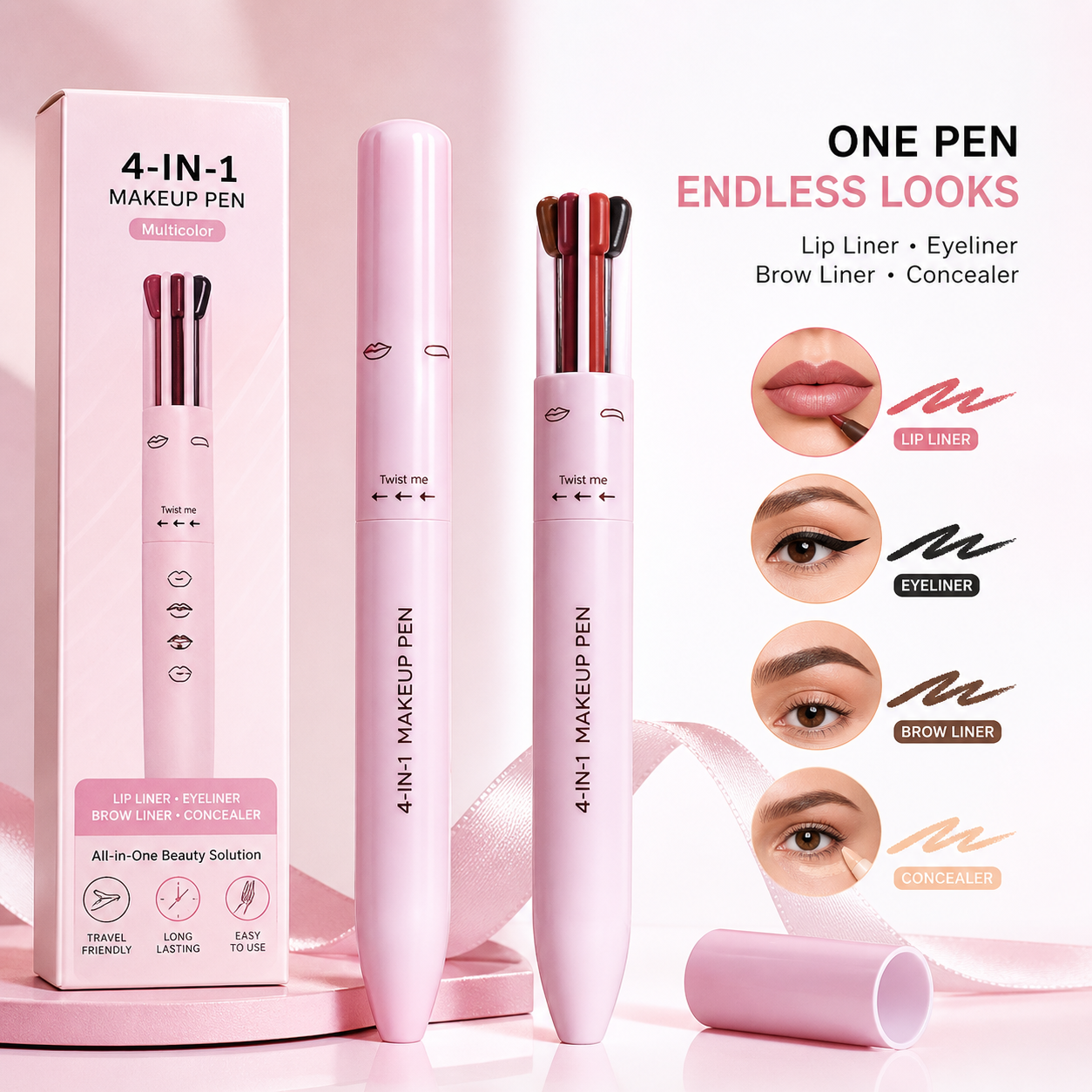 4-in-1 Makeup Pen – Eyeliner, Brow, Lip Liner & Highlighter (Multicolor)