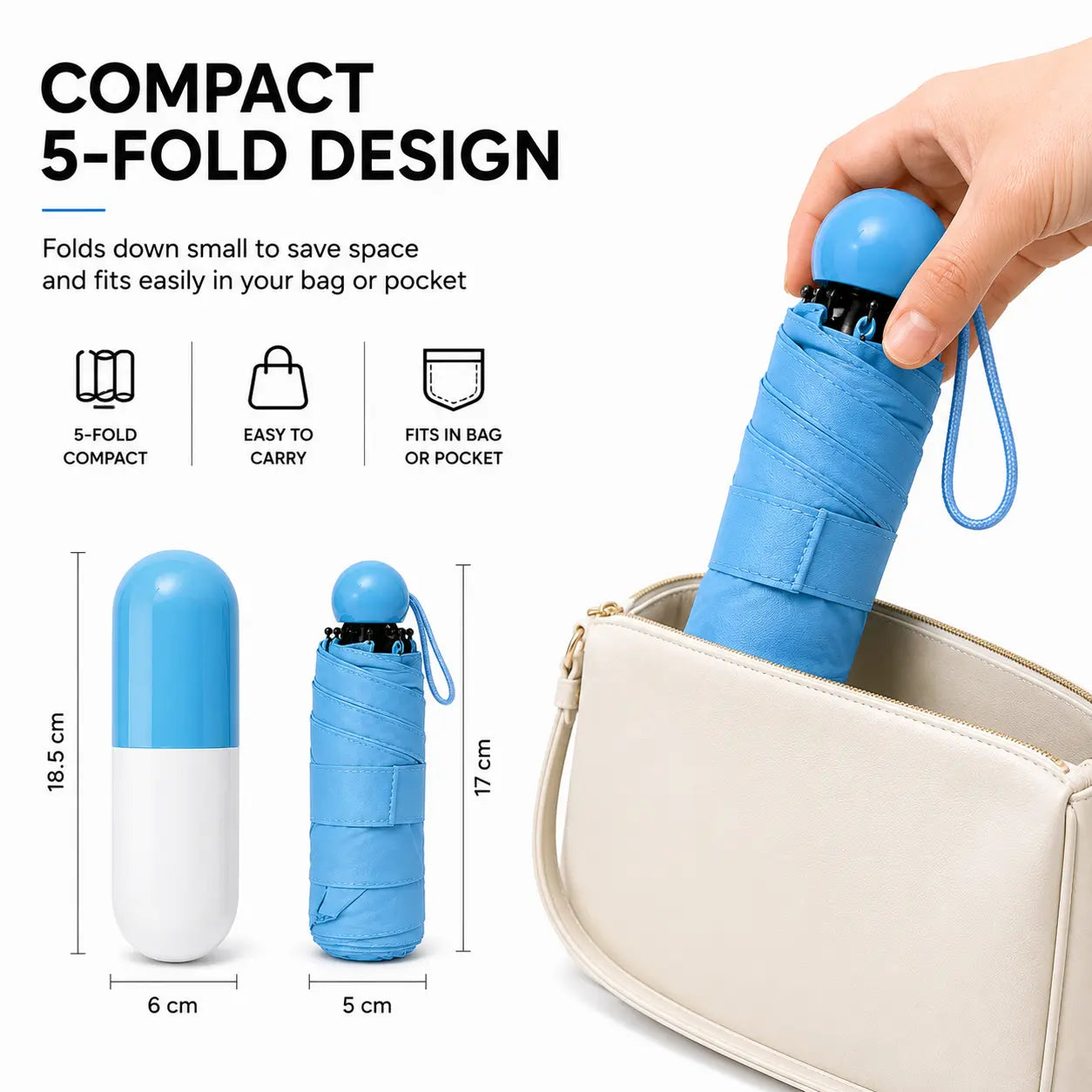 Compact 5-Fold Umbrella with Capsule Case Fits Easily in Bag or Pocket