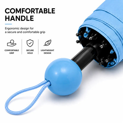 Ergonomic Handle Close-up of 5-Fold Compact Travel Umbrella with Wrist Strap