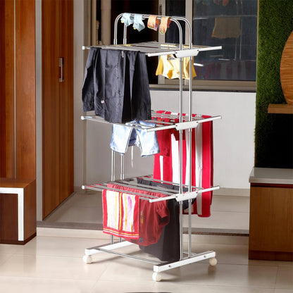 3 Layer Foldable Stainless Steel Cloth Drying Stand With Wheels