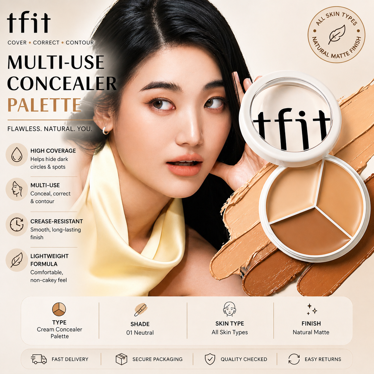 TFIT 3-Color Concealer Palette – Full Coverage Korean Concealer for Dark Circles & Blemishes