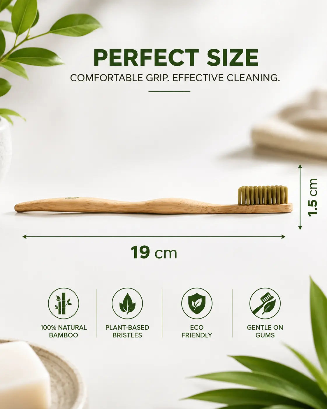 Bamboo toothbrush dimensions showing 19 cm length and compact lightweight design
