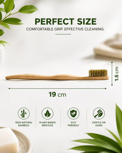 Bamboo toothbrush dimensions showing 19 cm length and compact lightweight design