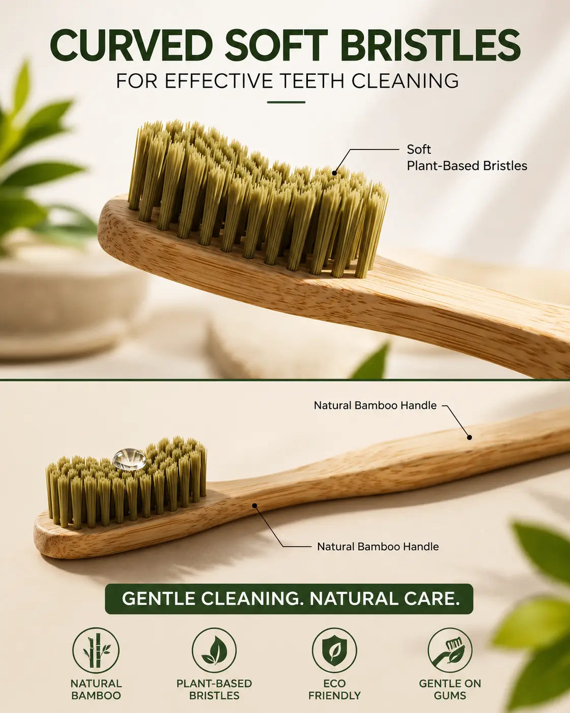Close-up of ultra soft plant-based bristles on a natural bamboo toothbrush