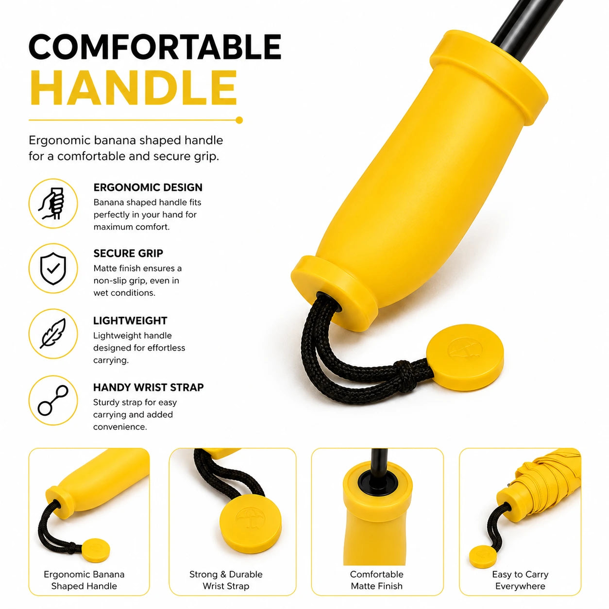 Close-up of Ergonomic Banana Shape Umbrella Handle with Comfortable Grip and Wrist Strap