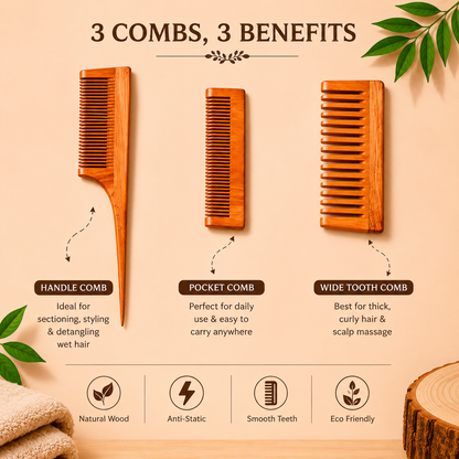 Natural Wooden Comb Set for Hair Care | Pocket Comb + Handle Comb + Wide Tooth Comb