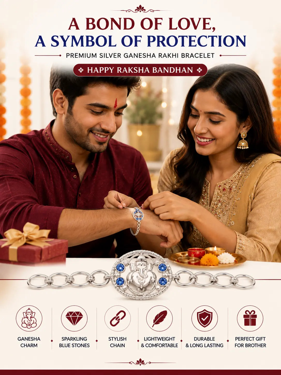 Premium Silver Ganesha Rakhi Bracelet for Brother | Blue Stone Chain Rakhi (1 Pc)