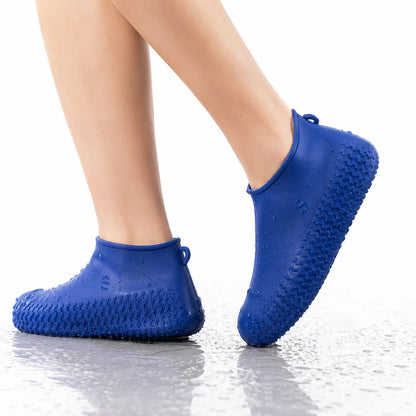 Blue Reusable Silicone Waterproof Rain Shoe Covers Worn Over Shoes for Outdoor Wet Weather Protection