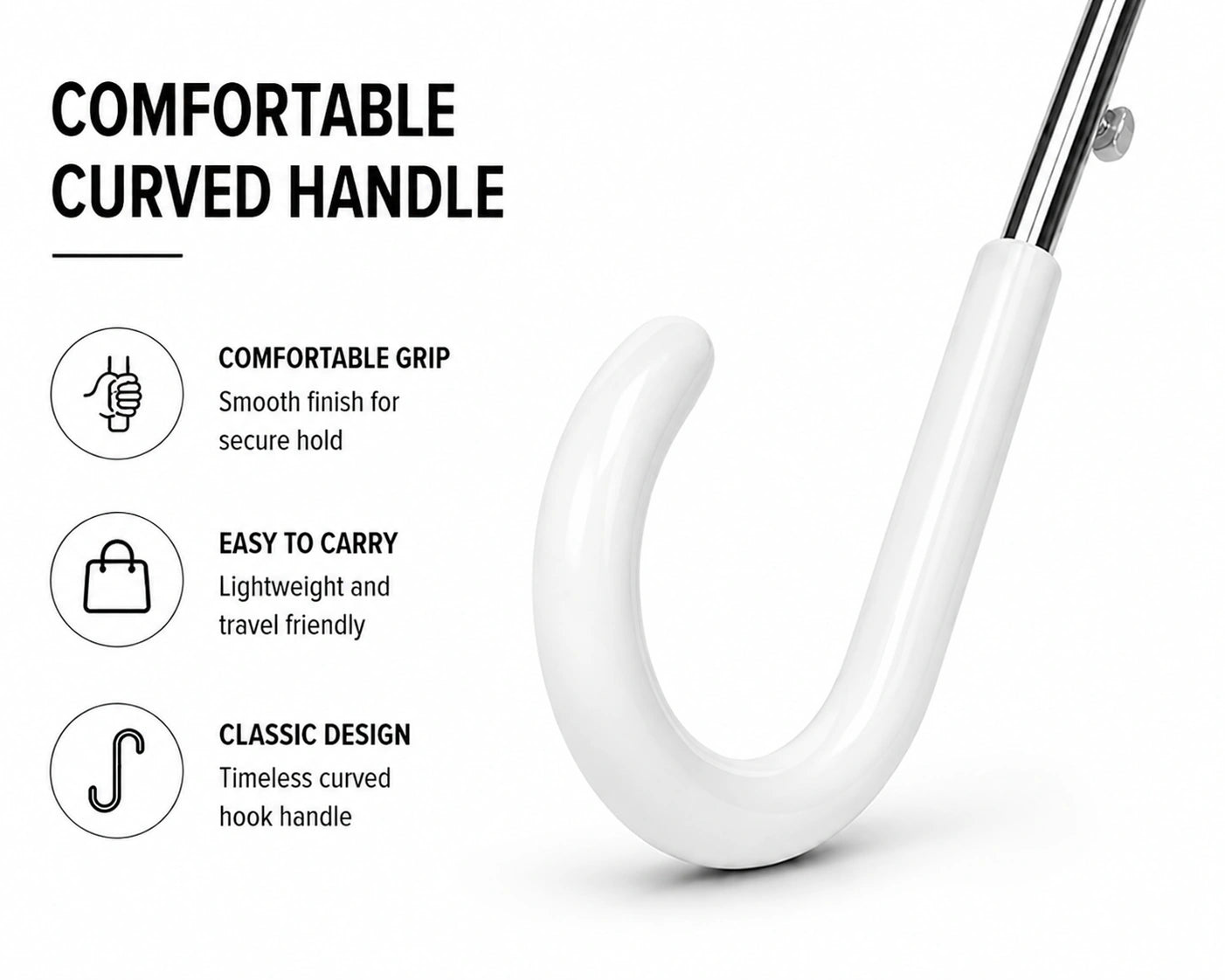 Comfortable White Curved Hook Handle of Transparent Dome Umbrella with Easy Grip Design