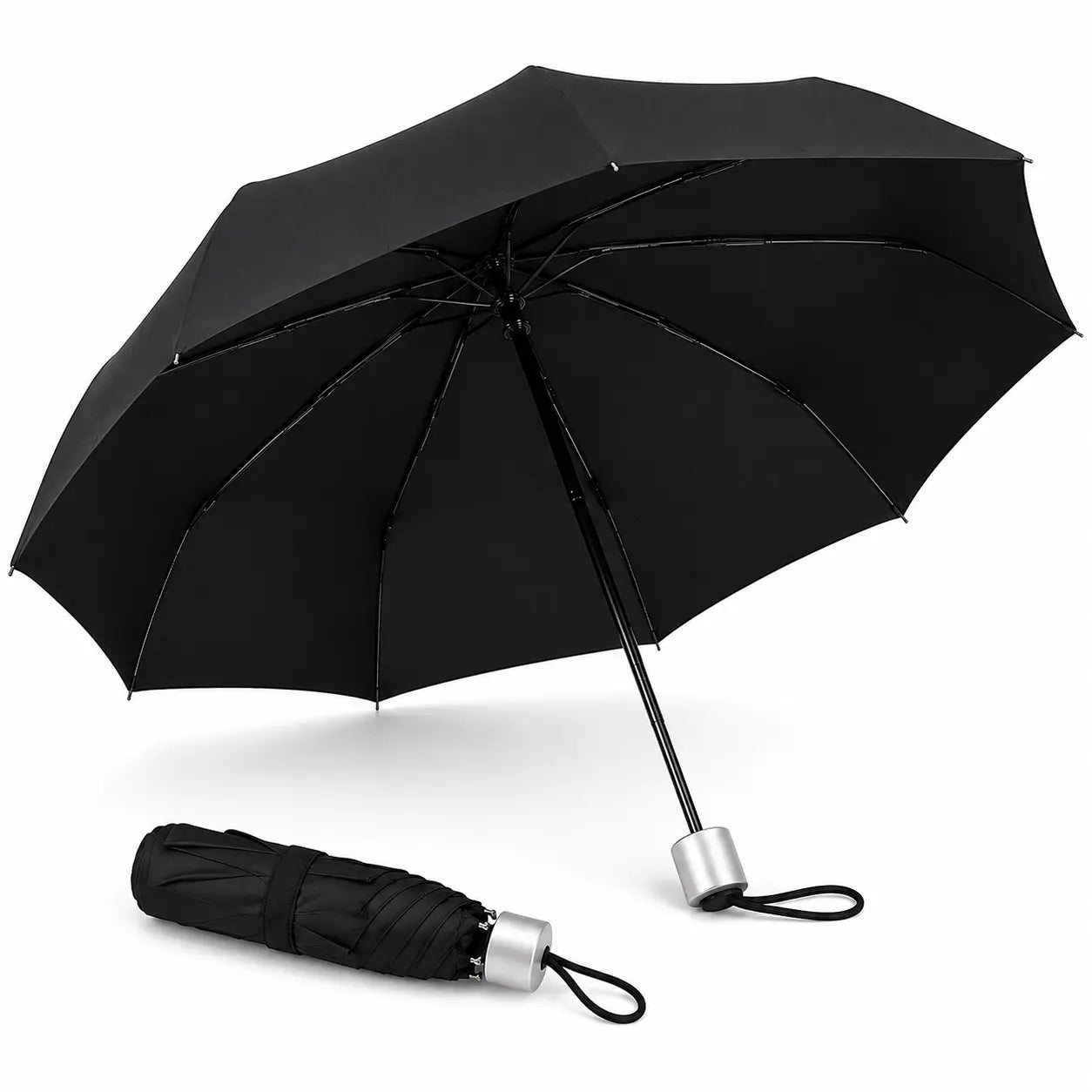 Front Angle View of Compact Black Automatic Folding Umbrella