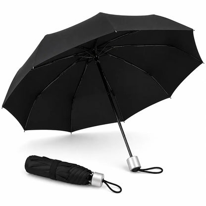 Front Angle View of Compact Black Automatic Folding Umbrella