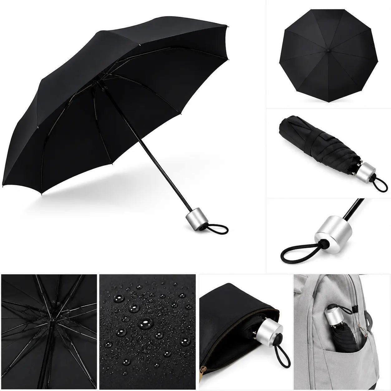 Compact Black Automatic Folding Umbrella - Front View