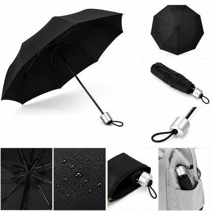 Compact Black Automatic Folding Umbrella - Front View