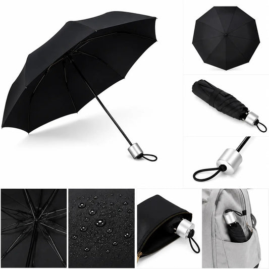 Compact Black Automatic Folding Umbrella - Front View