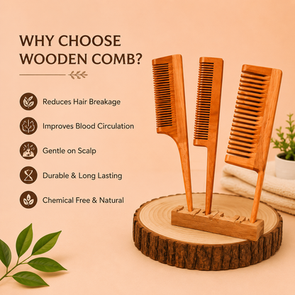 Natural Wooden Comb Set for Hair Care | Pocket Comb + Handle Comb + Wide Tooth Comb