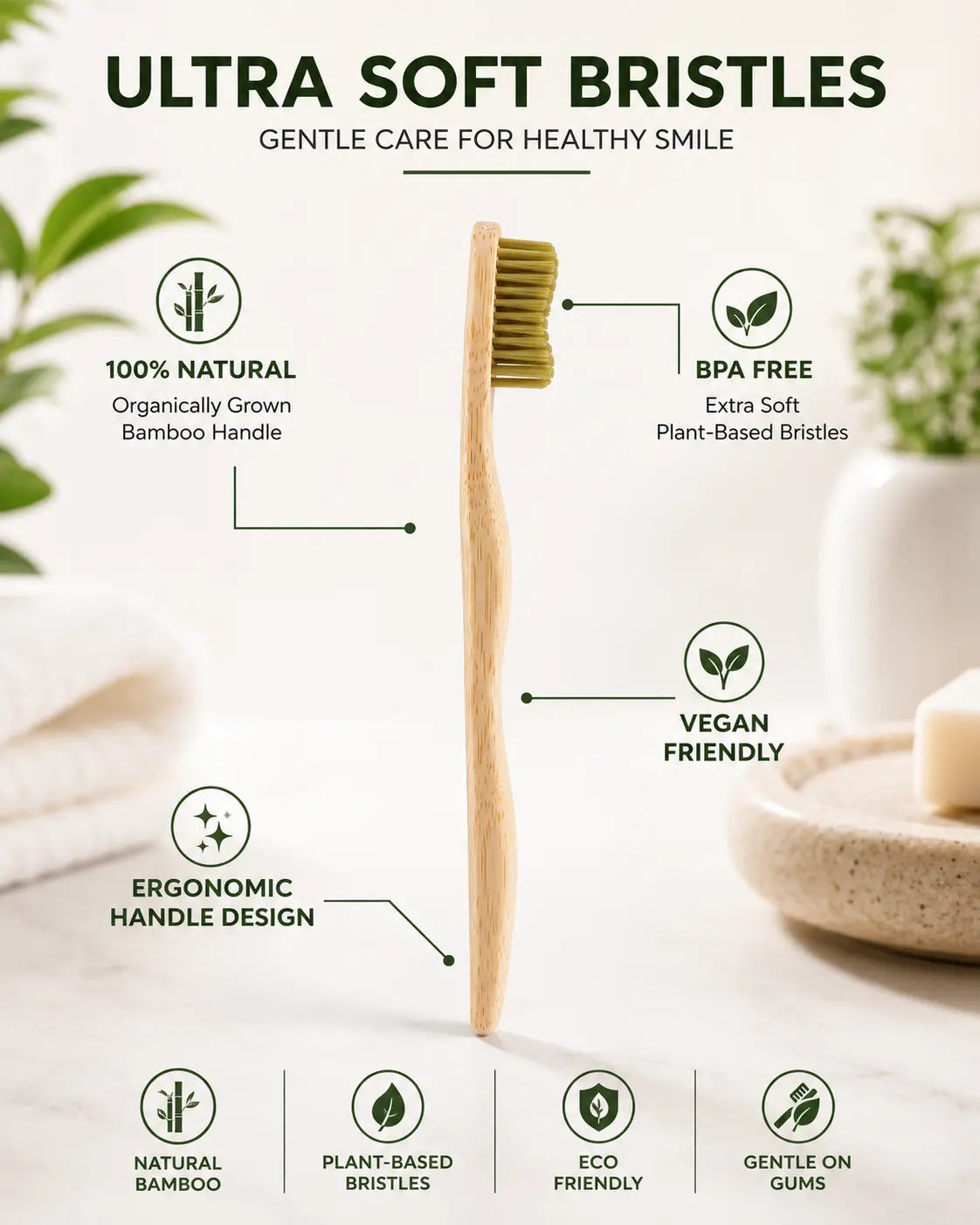 Eco-friendly bamboo toothbrush made with biodegradable bamboo handle and plant-based bristles
