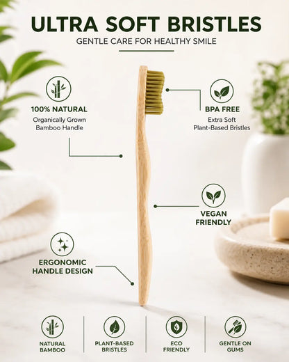 Eco-friendly bamboo toothbrush made with biodegradable bamboo handle and plant-based bristles