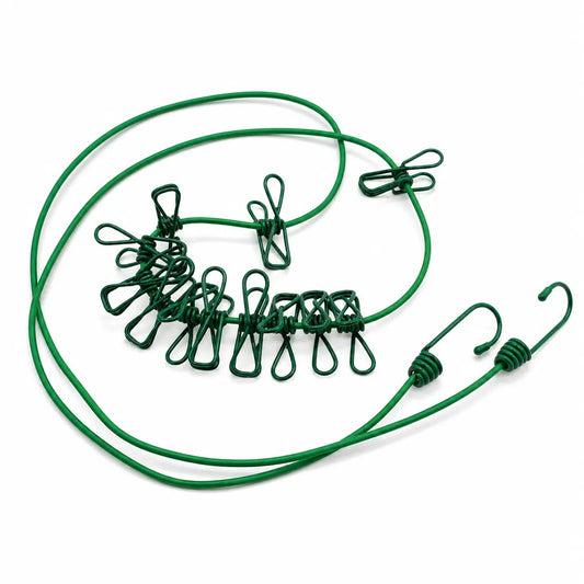 Elastic Clothes Drying Rope with 12 Metal Clips for Indoor & Outdoor Travel Use 