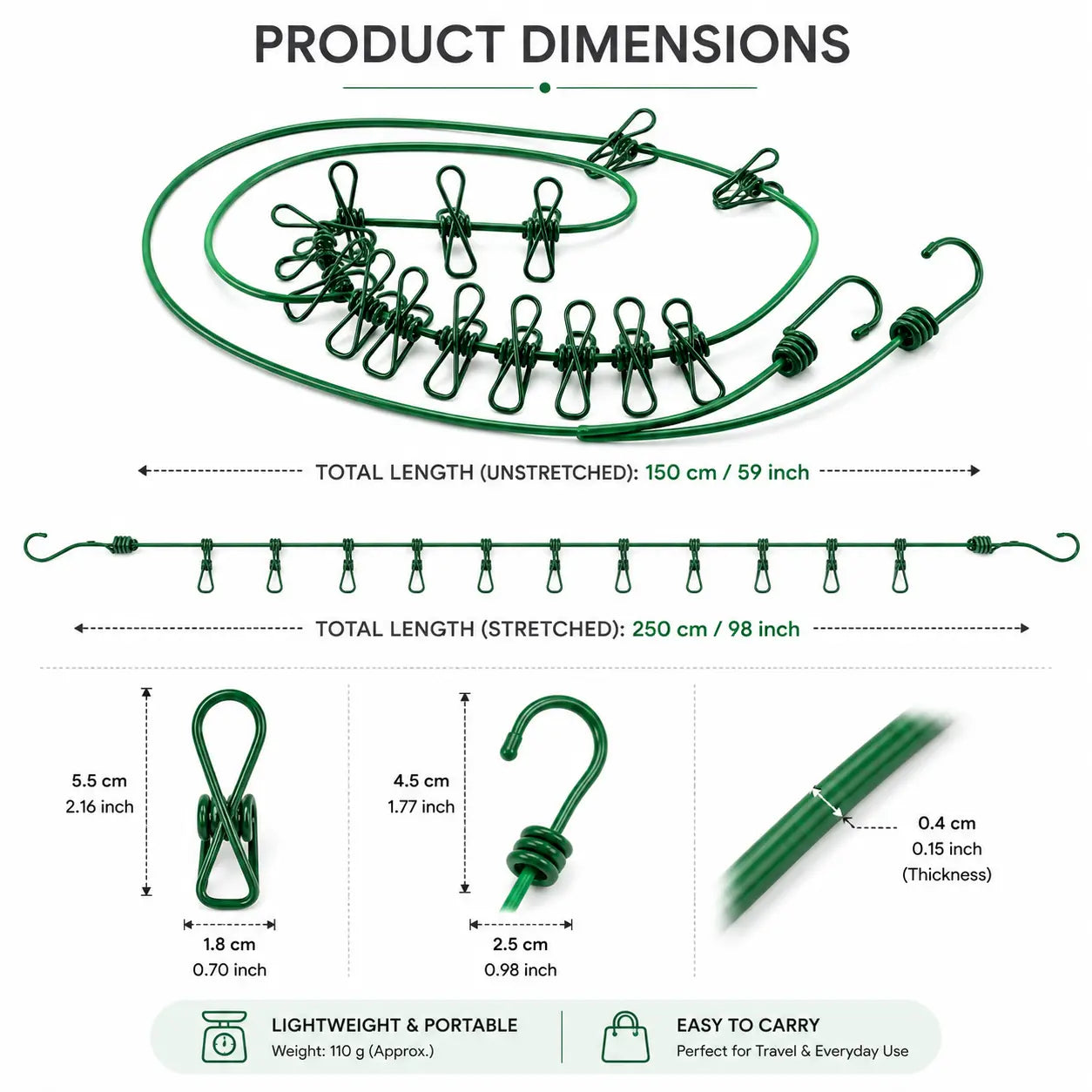 Product Dimensions of Elastic Clothes Drying Rope with 12 Metal Clips