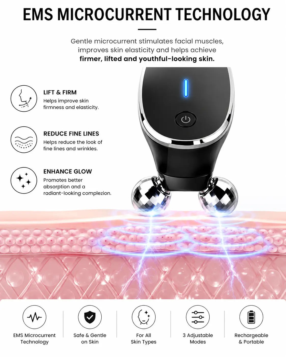 EMS microcurrent facial massager technology for lifting, firming and toning facial skin