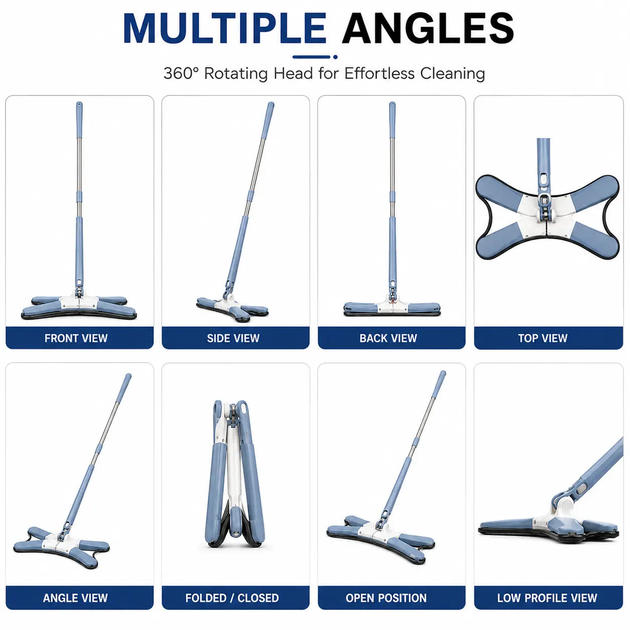 Flat mop shown from multiple angles with flexible X type floor mop design