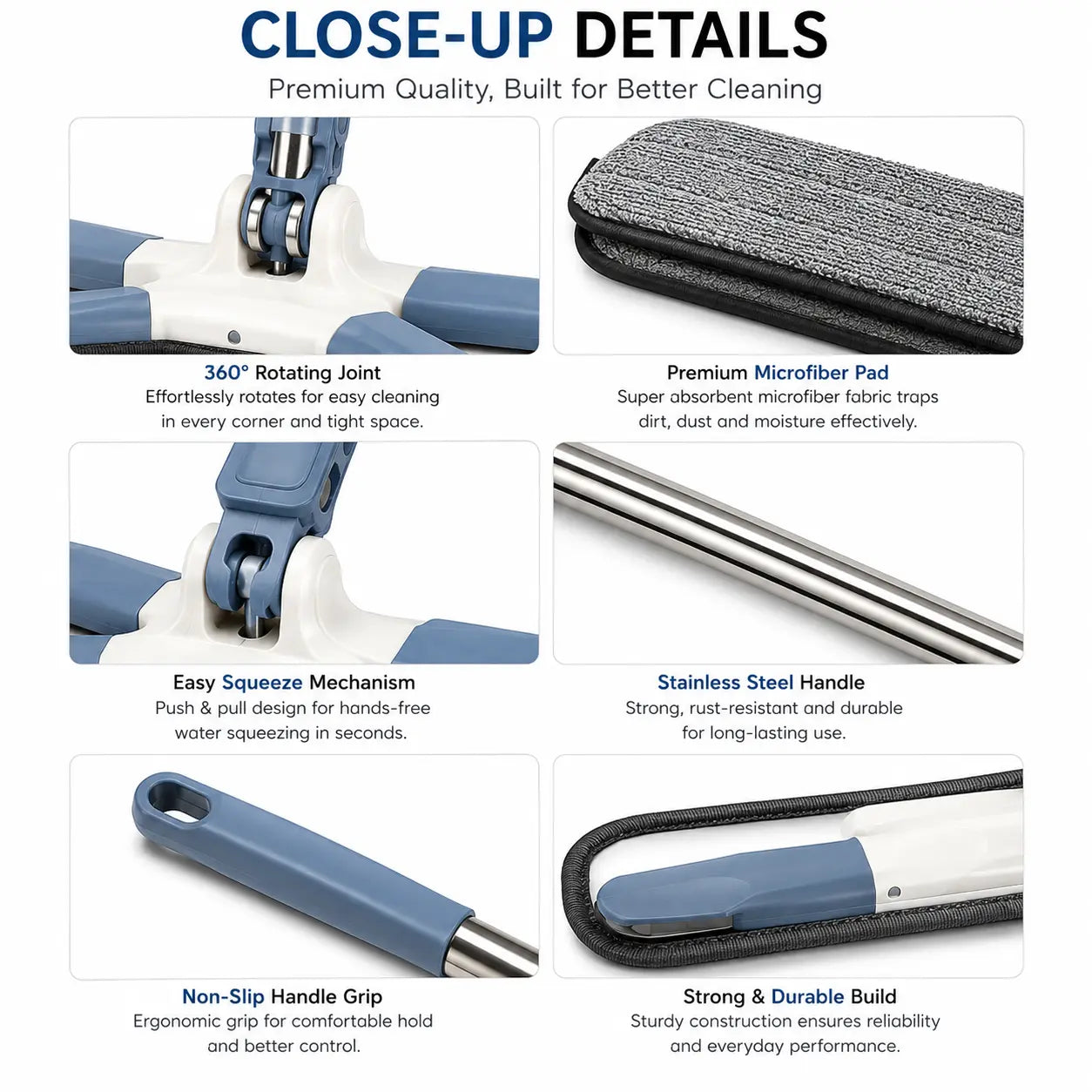 Cleaning mop close up showing microfiber pad rotating joint and stainless steel handle