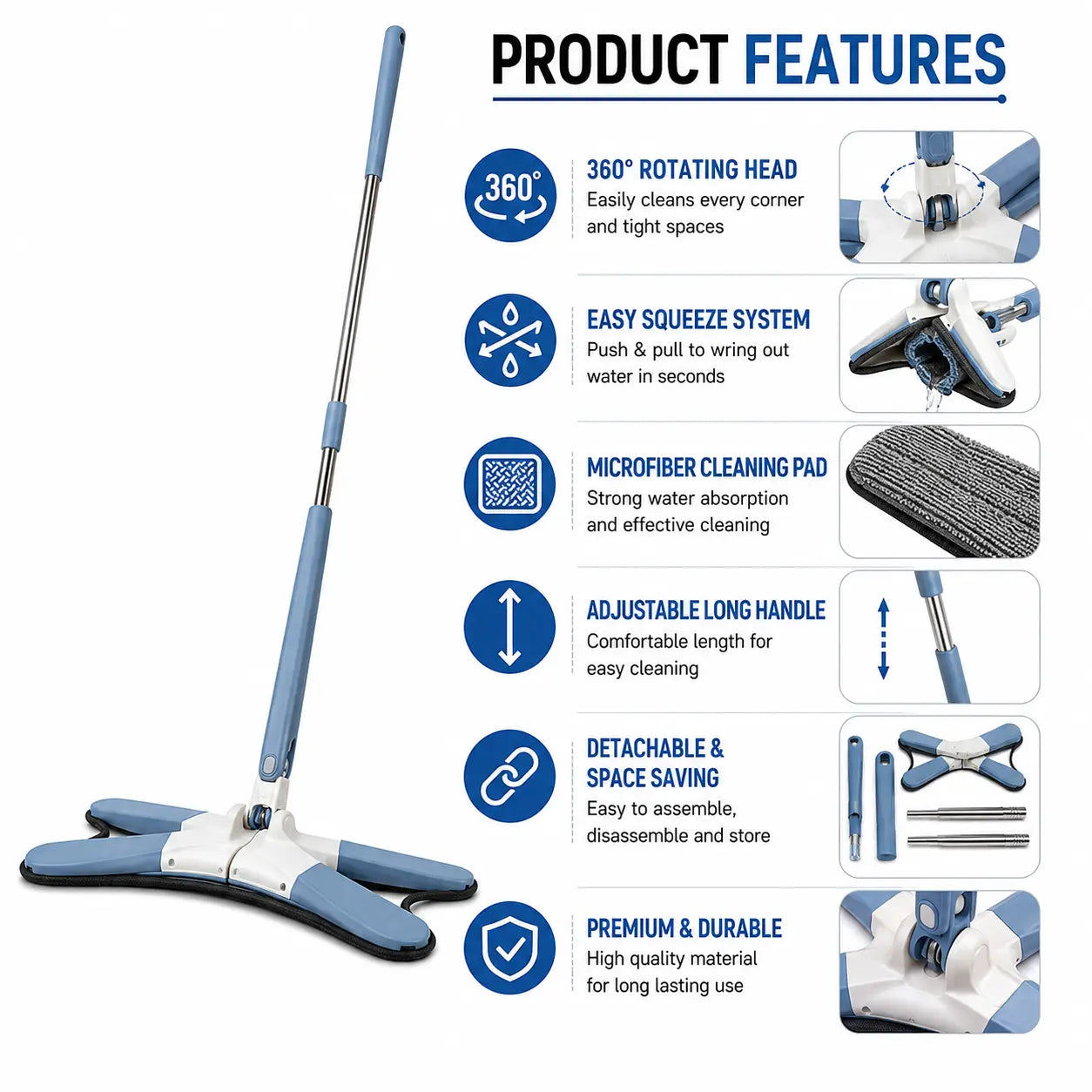 Floor cleaning mop features with 360 degree rotating head and easy squeeze system