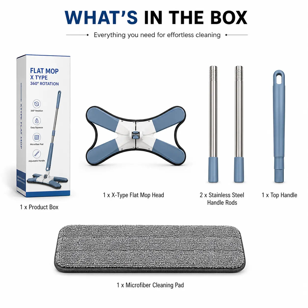 Floor cleaning mop package contents with mop head handle rods and microfiber cleaning pad