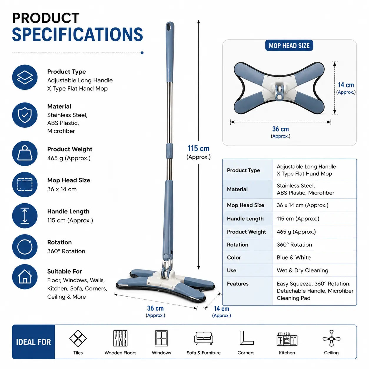 Floor cleaning mop specifications with size material weight and long handle details