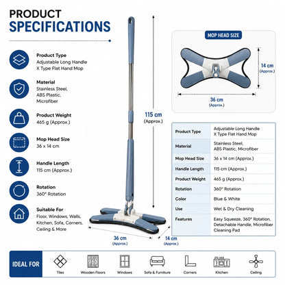Floor cleaning mop specifications with size material weight and long handle details