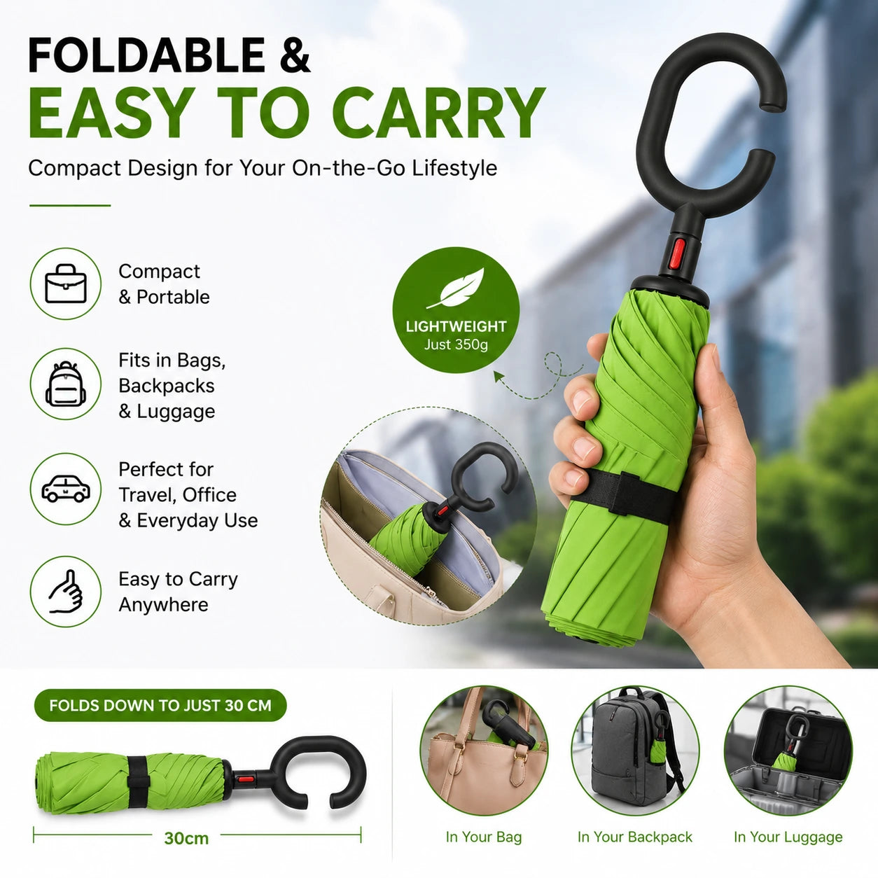 Compact Foldable C-Handle Umbrella Easy to Carry for Travel and Daily Use