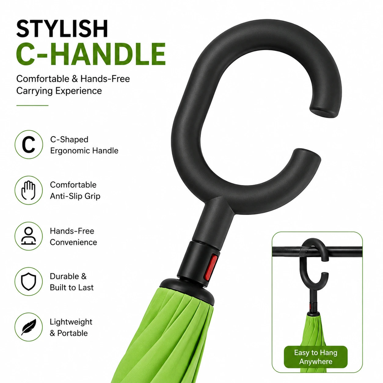 Stylish Ergonomic C-Handle Umbrella with Comfortable Hands-Free Grip
