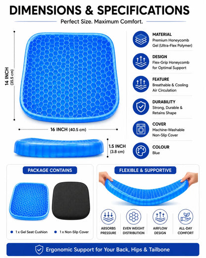 Blue honeycomb gel seat cushion dimensions, specifications, ergonomic design, washable cover and package contents.