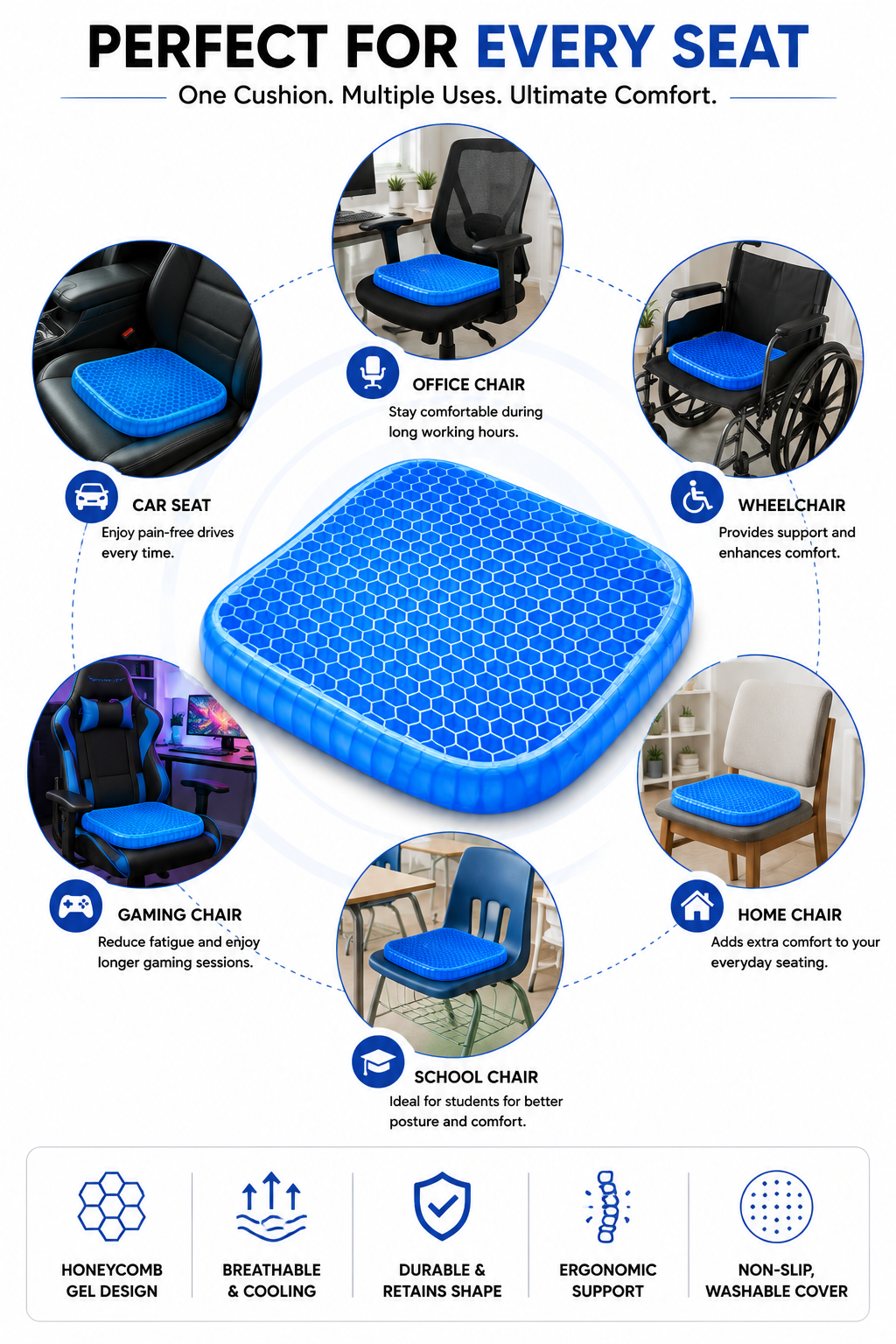 Gel seat cushion suitable for office chair, car seat, wheelchair, gaming chair and home chair for ergonomic support.